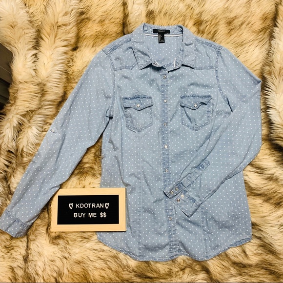 Forever 21 Tops - F21 • CHAMBRAY POLKA DOT L/S TOP